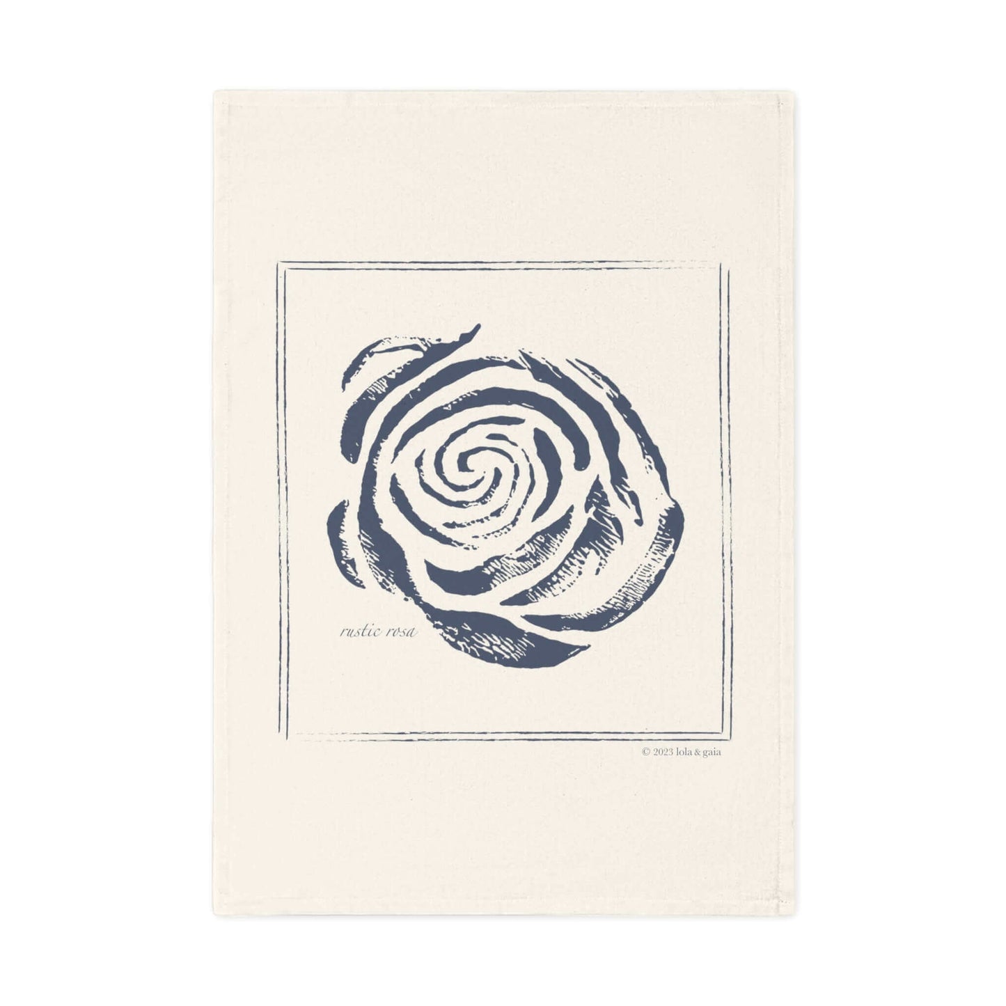 Organic Cotton Tea Towel, Rustic Rosa, Indigo II front view