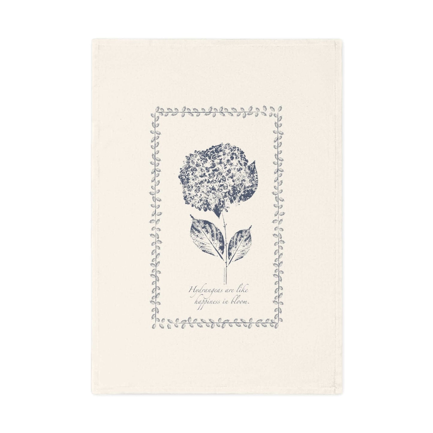 Organic Cotton Tea Towel, Hydrangea, Indigo front view