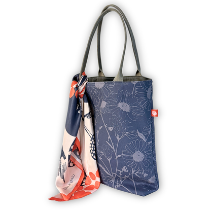 Gaia Shoulder Carry Tote in Wild Daisy, Twilight, styled with a silk scarf