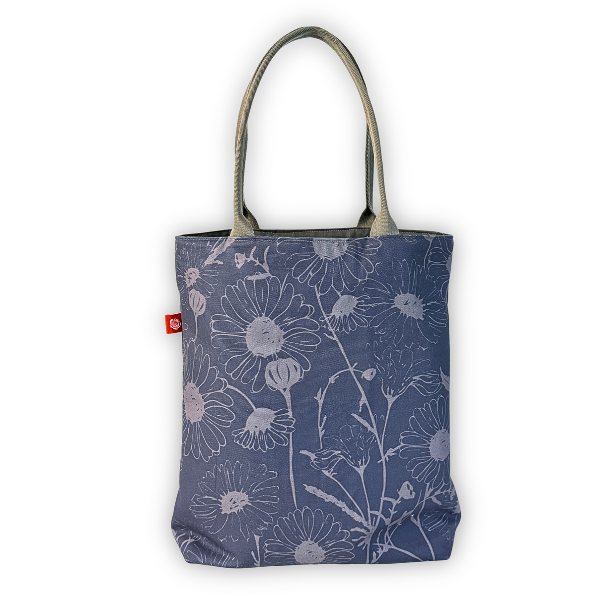 Gaia Shoulder Carry Tote in Wild Daisy, Twilight, sitting upright showing full print