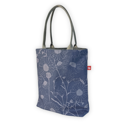 Gaia Shoulder Carry Tote in Wild Daisy, Twilight, angled showing full print