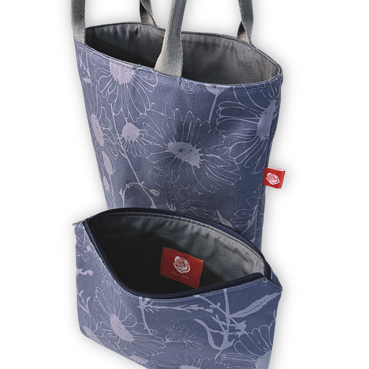 Gaia Shoulder Carry Set in Wild Daisy, Twilight, tote and pouch overhead view