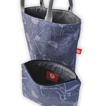 Gaia Shoulder Carry Set in Wild Daisy, Twilight, tote and pouch overhead view