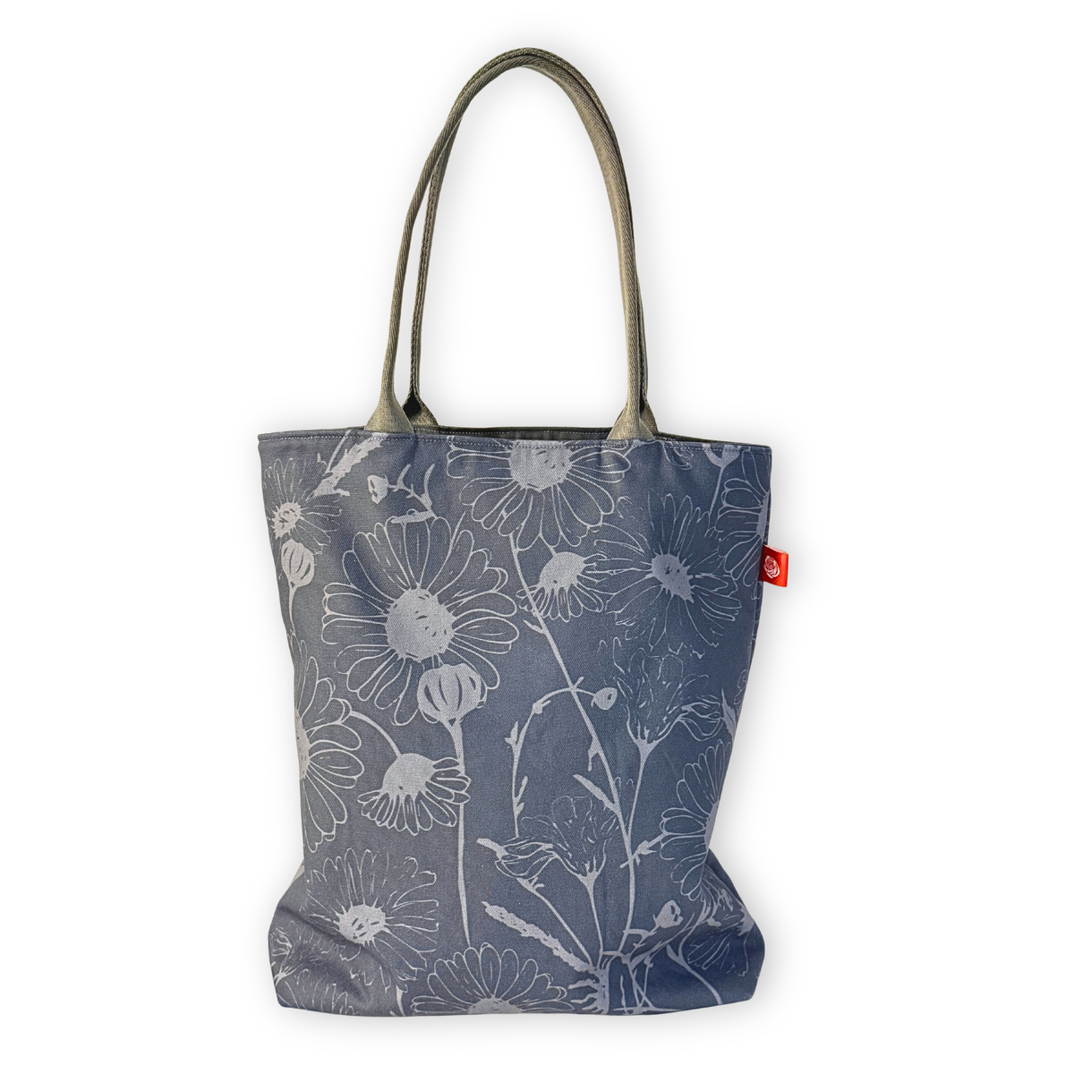 Gaia Shoulder Carry Tote in Wild Daisy, Harbor Mist, sitting upright showing full print