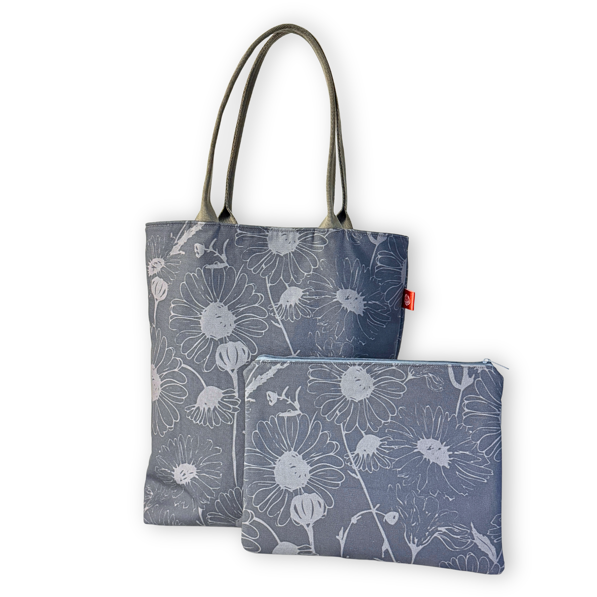 Gaia Shoulder Carry Set in Wild Daisy, Harbor Mist, tote and pouch showing full print