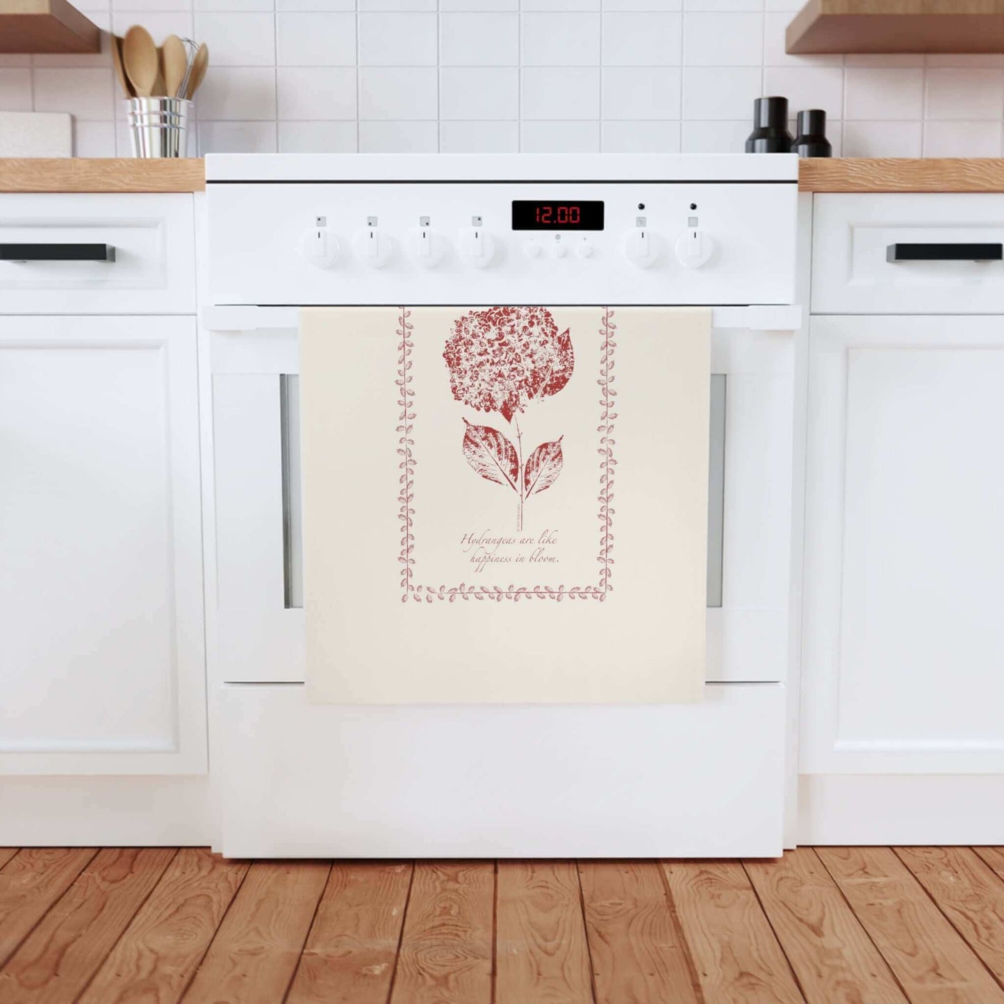 Organic Cotton Tea Towel, Hydrangea, Molten lifestyle view