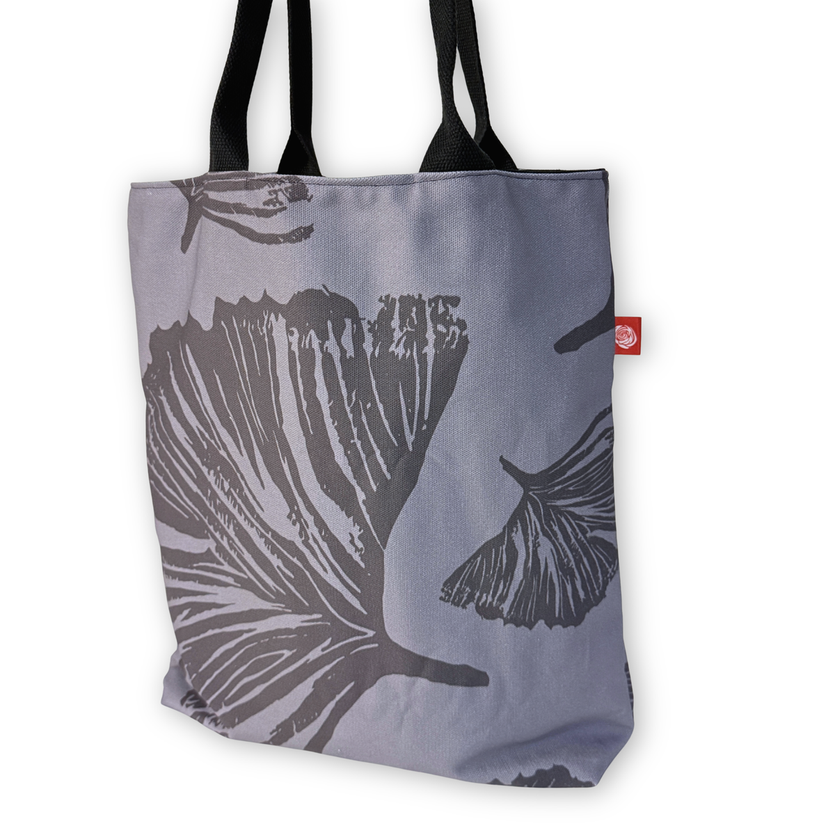 Gaia Shoulder Carry Tote in Evening Ginkgo, closeup view showing full print