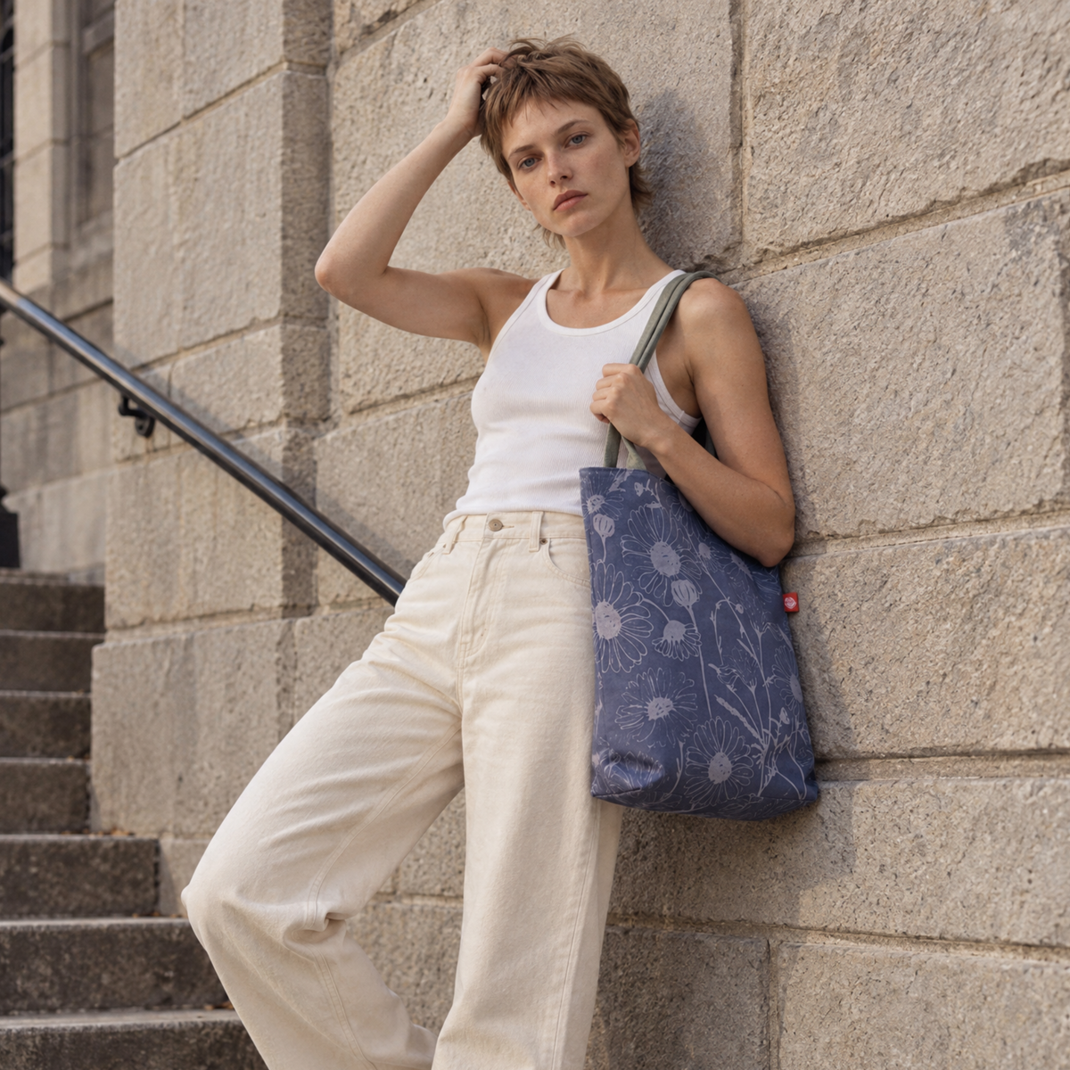 Gaia Shoulder Carry Tote in Wild Daisy, Twilight, model carrying tote