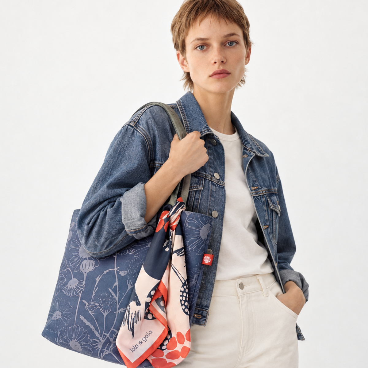 Gaia Shoulder Carry Tote in Wild Daisy, Twilight, model carrying tote styled with a silk scarf