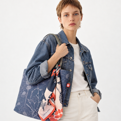 Gaia Shoulder Carry Tote in Wild Daisy, Twilight, model carrying tote styled with a silk scarf