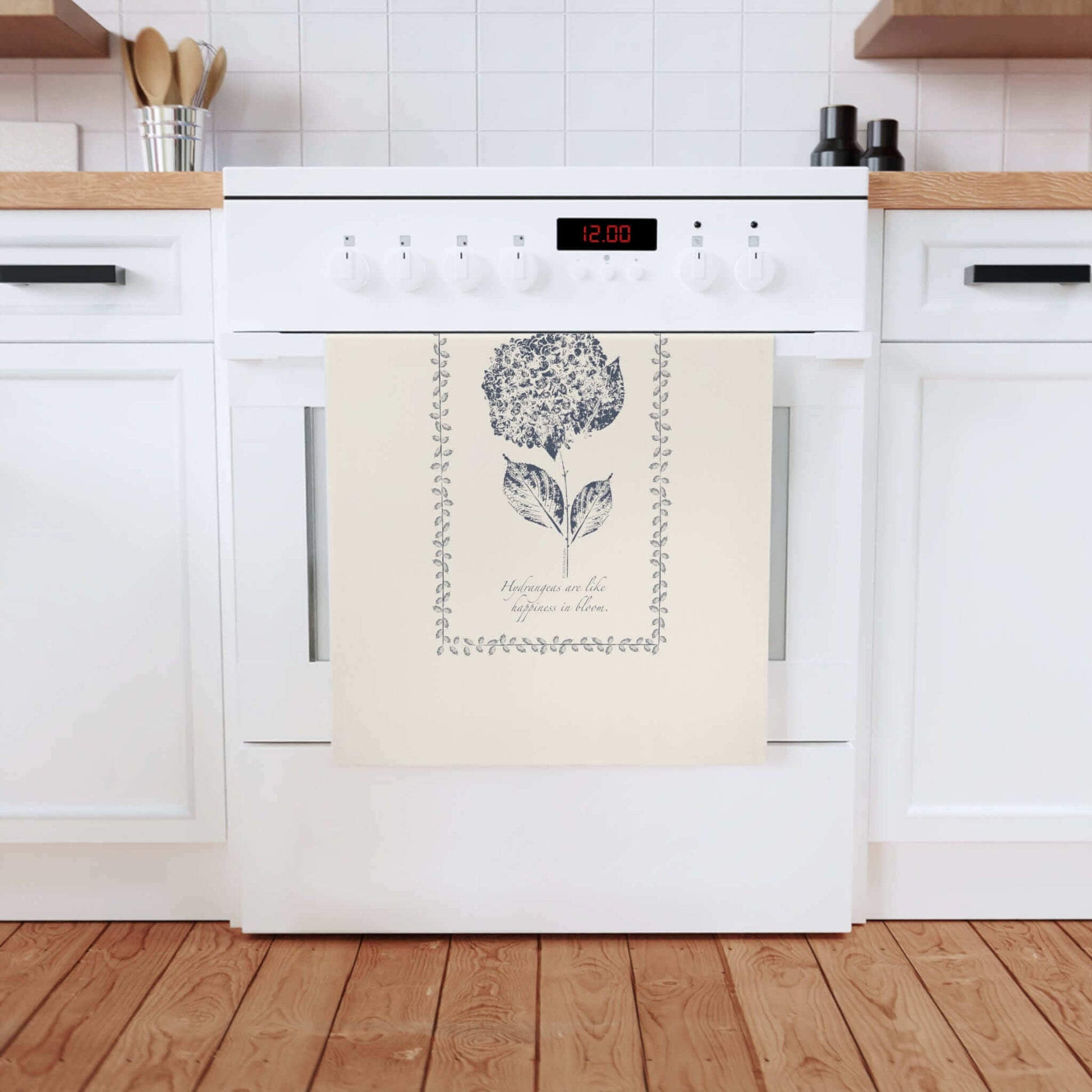 Organic Cotton Tea Towel, Hydrangea, Indigo lifestyle view