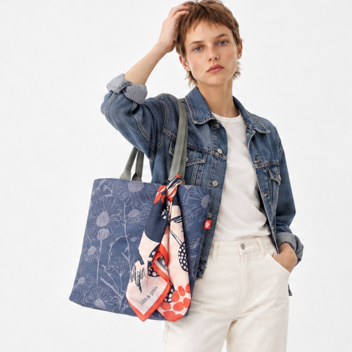 Gaia Shoulder Carry Tote in Wild Daisy, Twilight, model carrying tote styled with a silk scarf