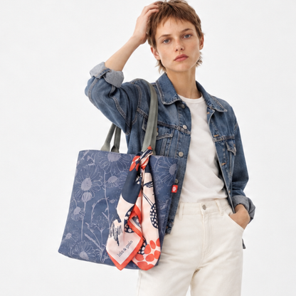 Gaia Shoulder Carry Tote in Wild Daisy, Twilight, model carrying tote styled with a silk scarf