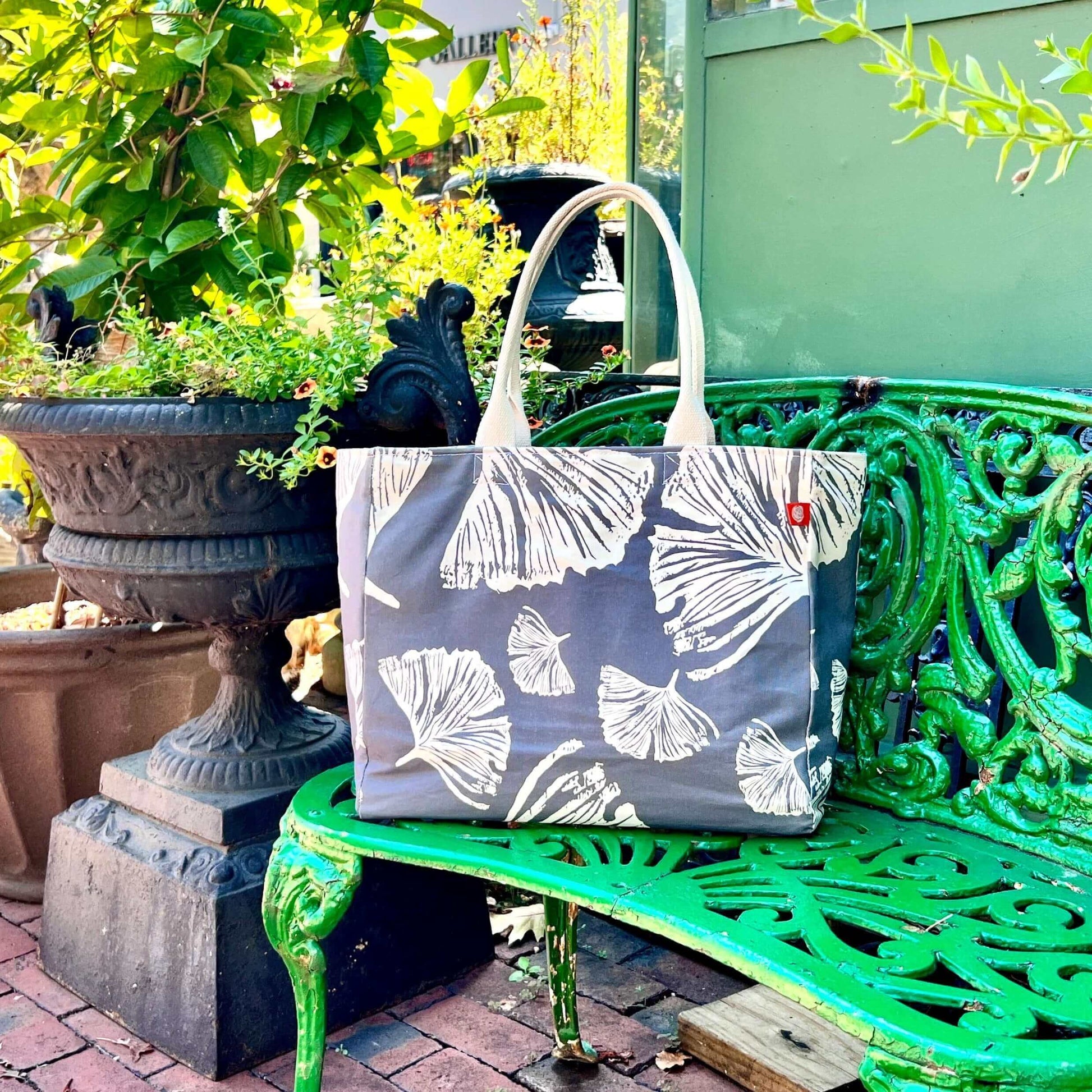 Grey and Ivory Ginkgo pattern canvas tote bag