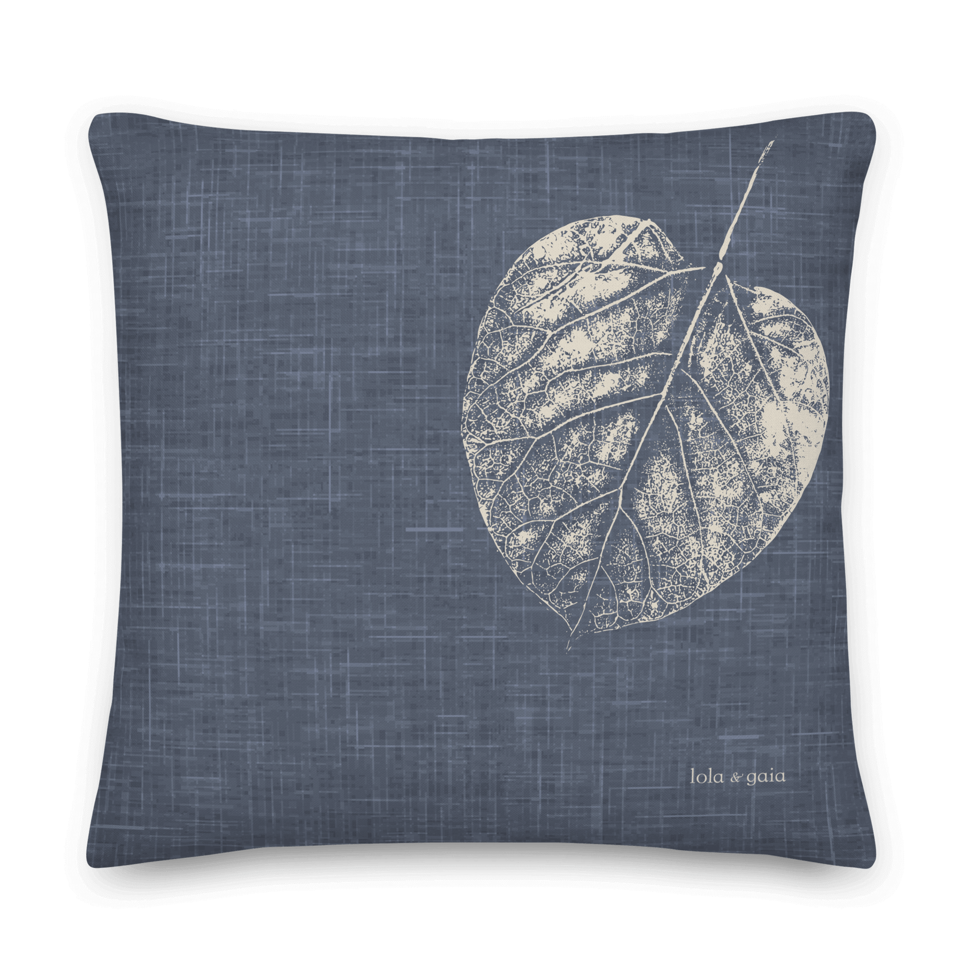 Catalpa Leaf Pillow, Blue Linen back view