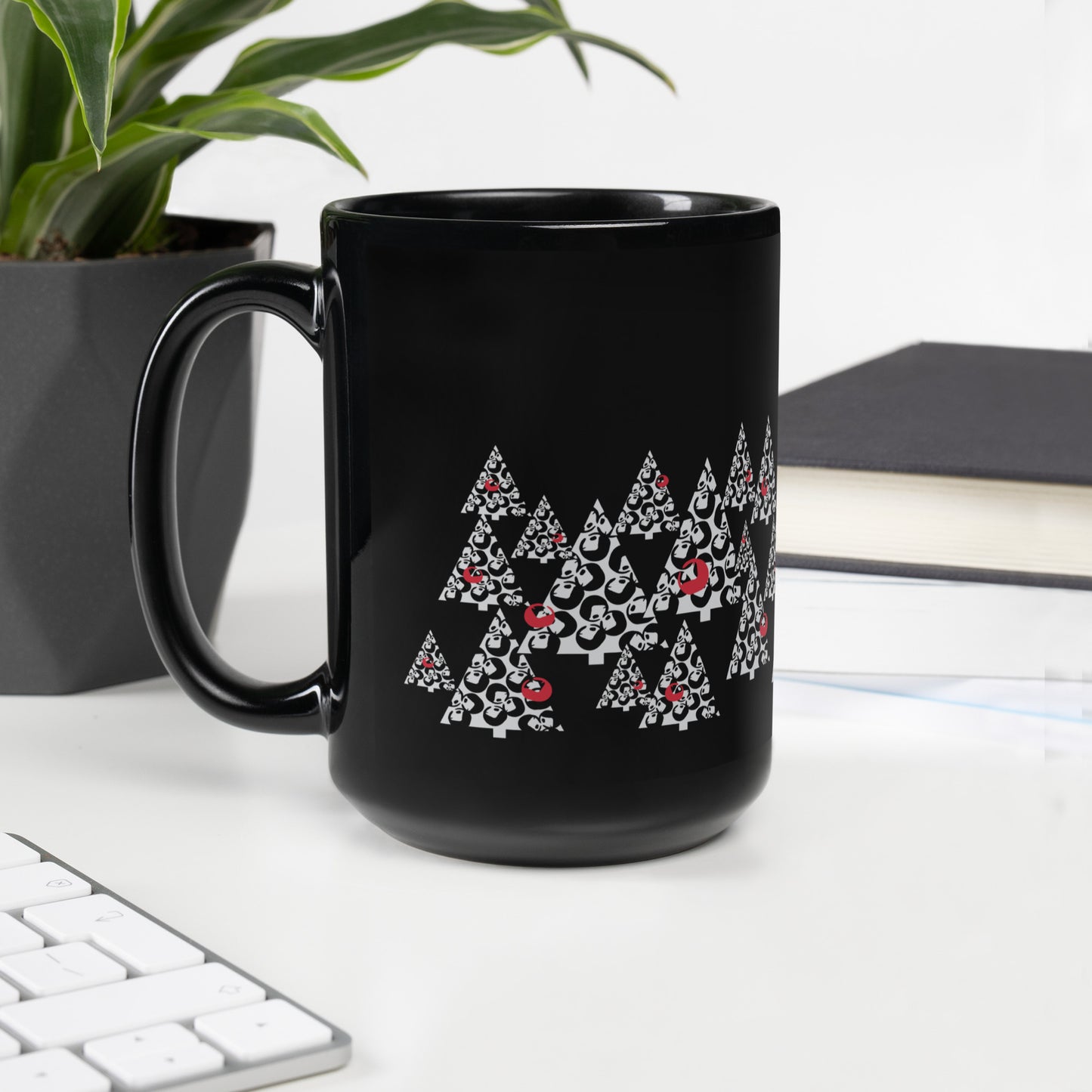 Glossy Mug, Abstract Holiday Pine, Black, 15 oz