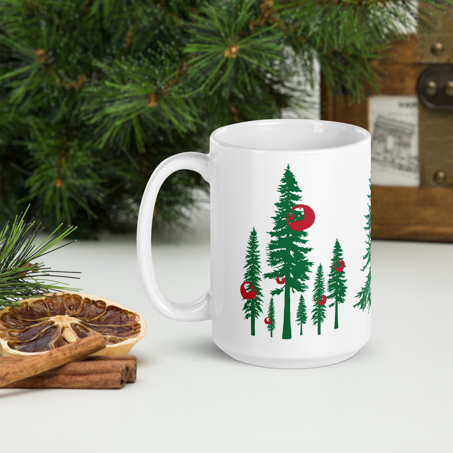 Glossy Mug, Christmas Tree, White, 15 oz