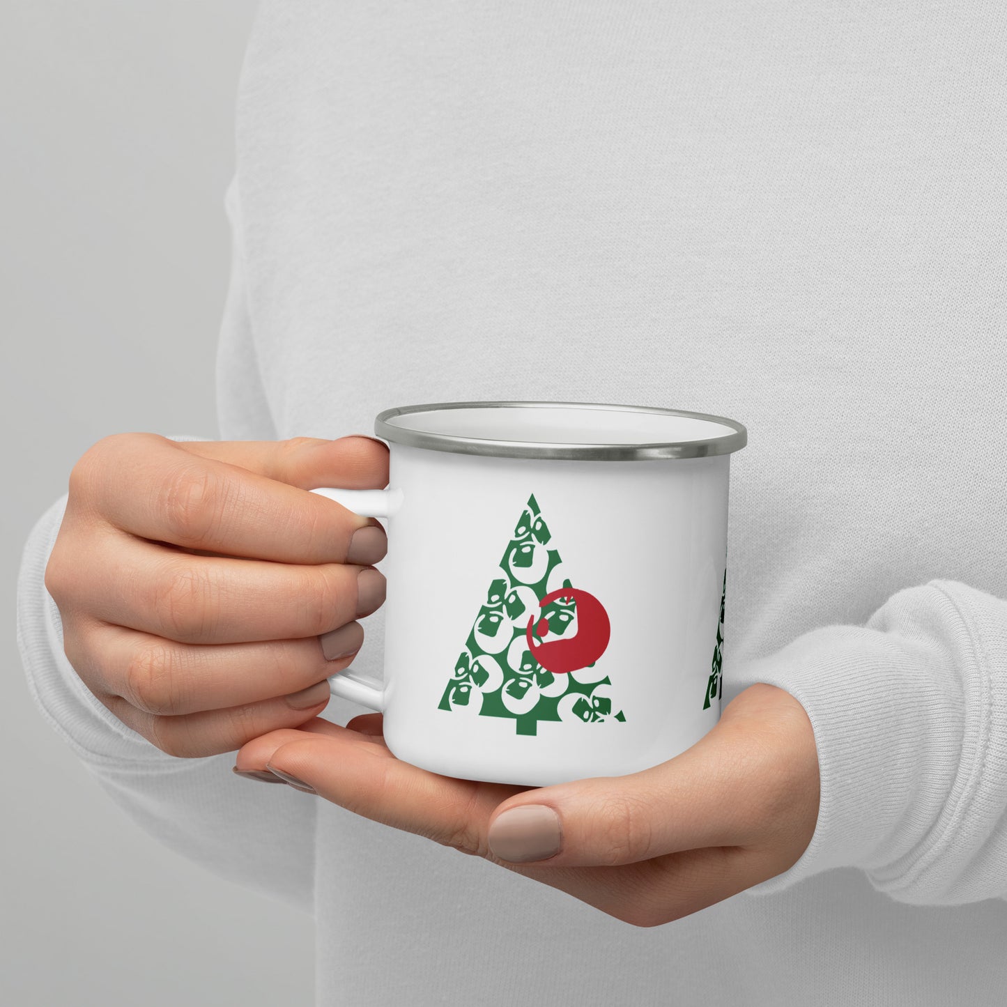 Product mockup Enamel Mug with Abstract Holiday Pine Tree design, 12 oz, perfect for festive drinks.,Enamel Mug with Abstract Holiday Pine Tree design, 12 oz, perfect for festive drinks.,Lightweight holiday enamel mug with Abstract Holiday Pine Tree artwork.,Nature-inspired 12 oz enamel mug for coffee, tea, or hot cocoa.,Stylish enamel mug with festive Abstract Holiday Pine Tree design, ideal for gifting.