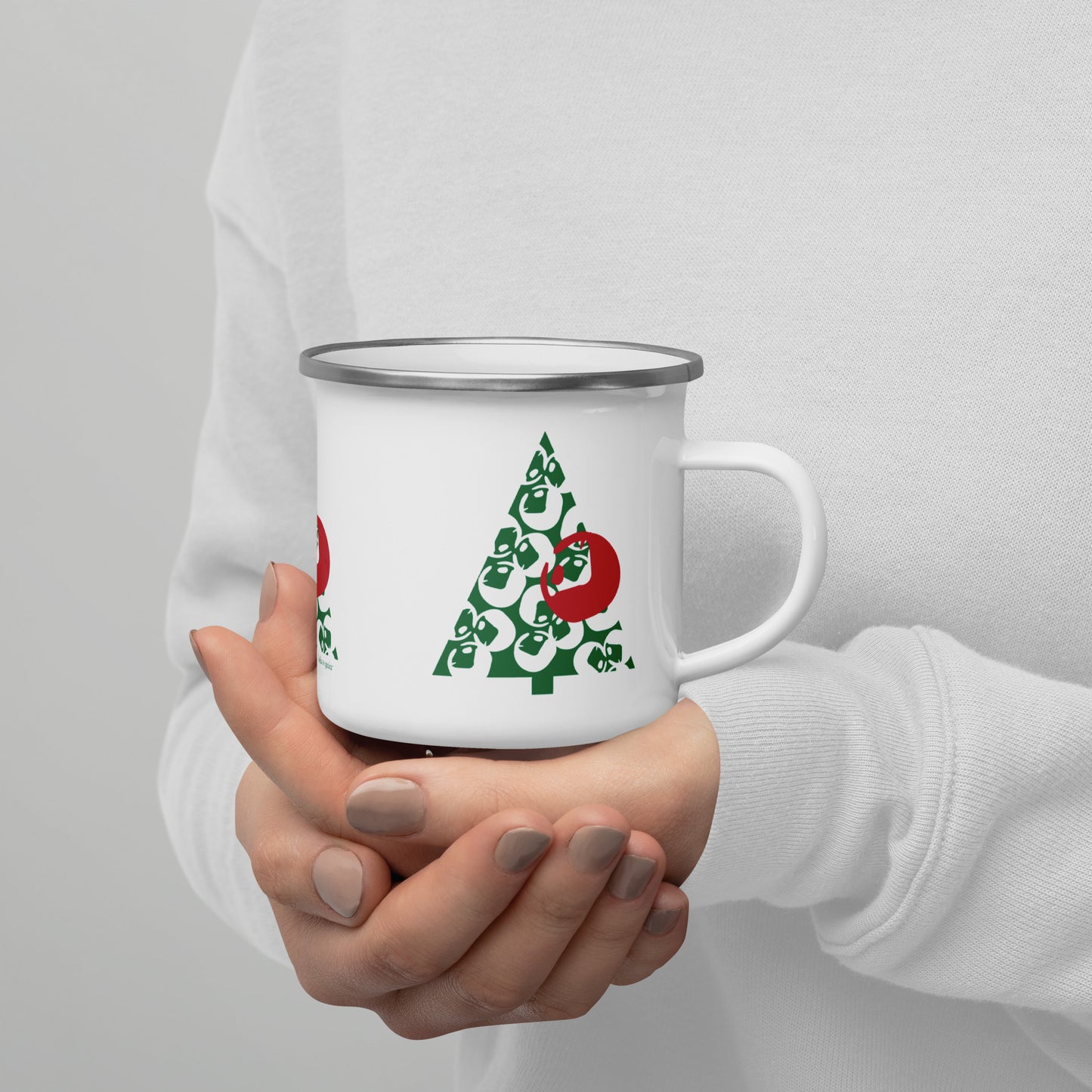 Product mockup Enamel Mug with Abstract Holiday Pine Tree design, 12 oz, perfect for festive drinks.,Enamel Mug with Abstract Holiday Pine Tree design, 12 oz, perfect for festive drinks.,Lightweight holiday enamel mug with Abstract Holiday Pine Tree artwork.,Nature-inspired 12 oz enamel mug for coffee, tea, or hot cocoa.,Stylish enamel mug with festive Abstract Holiday Pine Tree design, ideal for gifting.