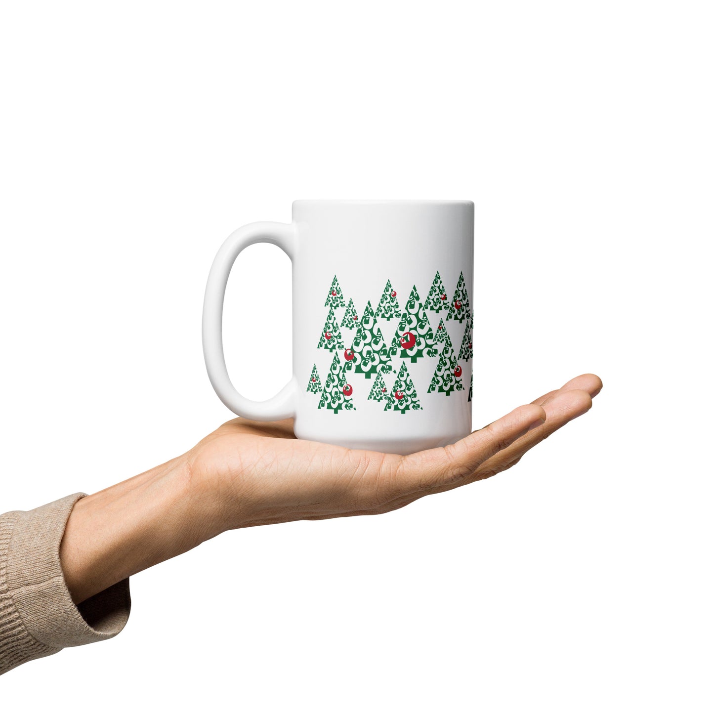 Glossy Mug, Abstract Holiday Pine, White, 15 oz