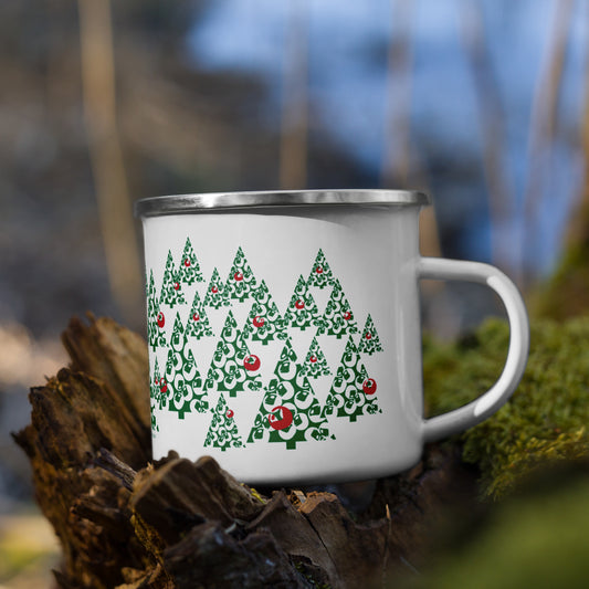 Enamel Mug with Abstract Holiday Pine Forest design, 12 oz, festive and durable.,Durable 12 oz enamel mug featuring a pine forest-themed holiday design.,Lightweight enamel mug with Abstract Holiday Pine Forest artwork, perfect for camping.,Nature-inspired 12 oz enamel mug for coffee, tea, or hot chocolate during the holidays.,Festive enamel mug with Abstract Holiday Pine Forest design, ideal for holiday gifting.