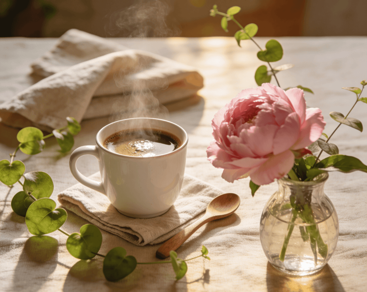 Steaming cup of coffee on a wooden table with a pink flower in a vase.